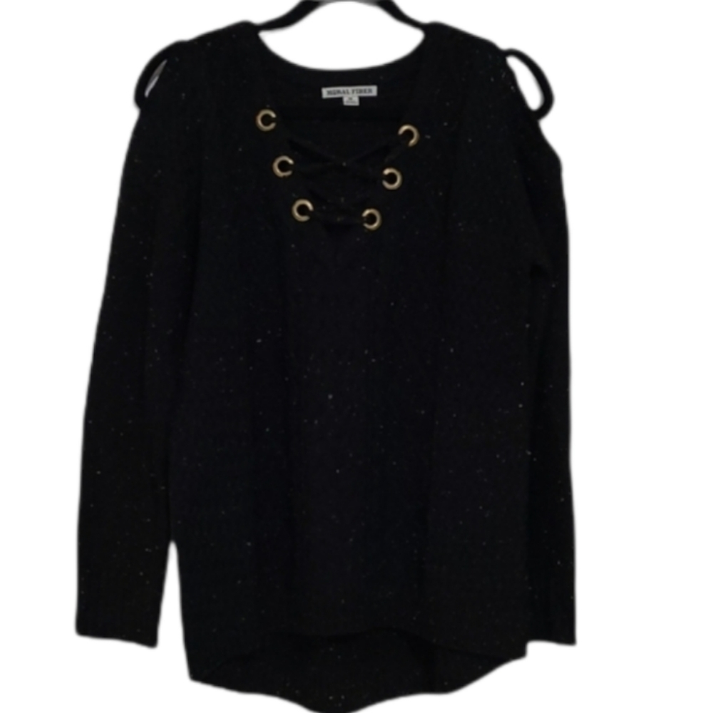 Moral Fiber Black Rainbow Confetti Cold Shoulder Lace Up Acrylic Sweater